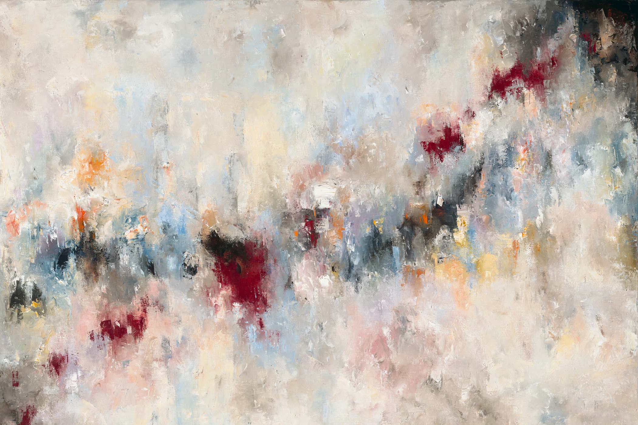 Detail of a painting: crimson and slate breaking through a pale, worked ground.