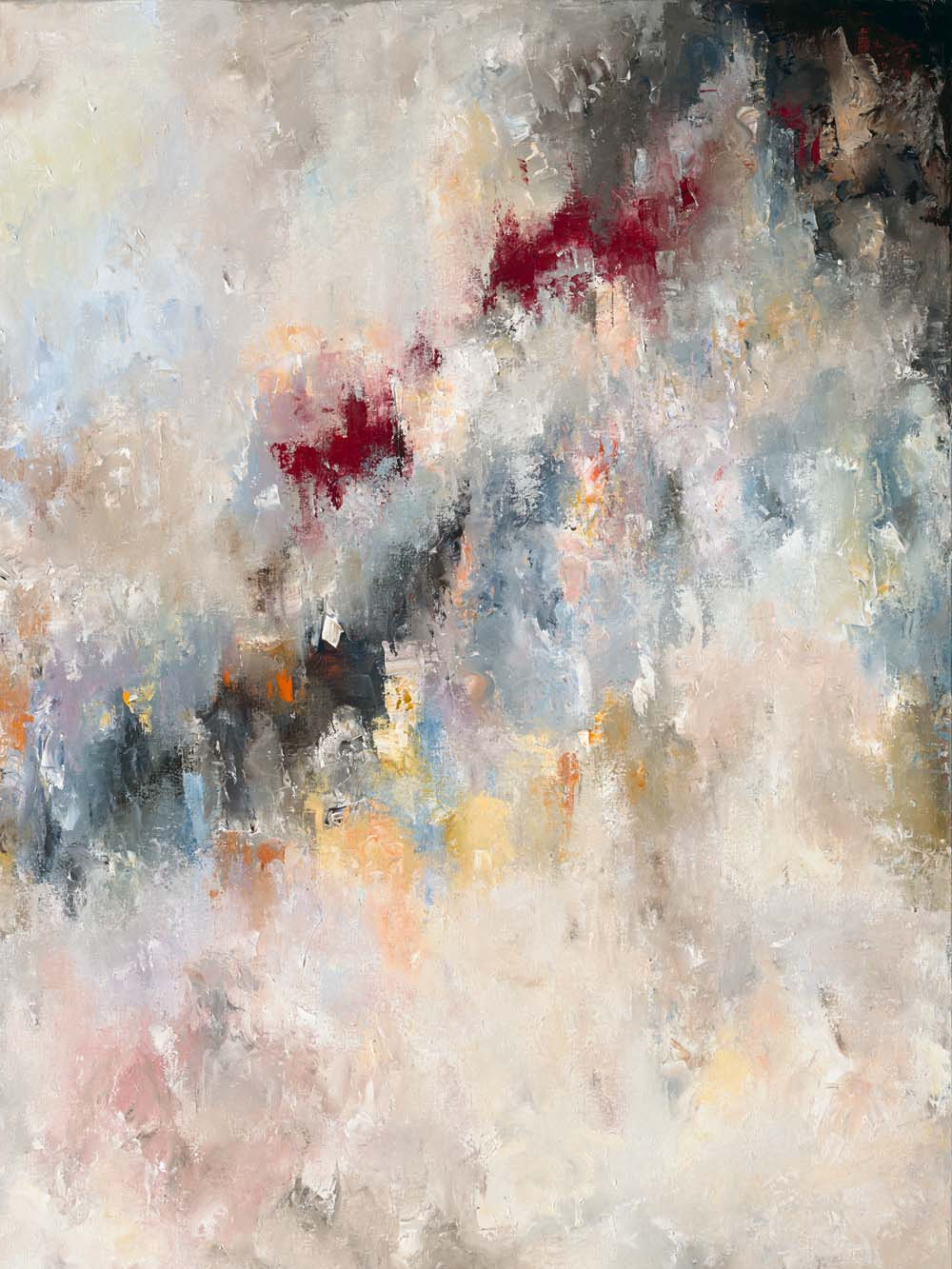 Fragment of Icarus: deep red and charcoal within a bleached field.