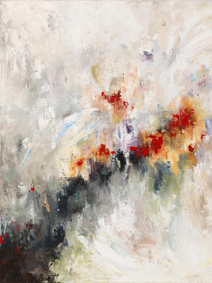 Fragment: scarlet and umber gathering at the lower edge of a canvas.
