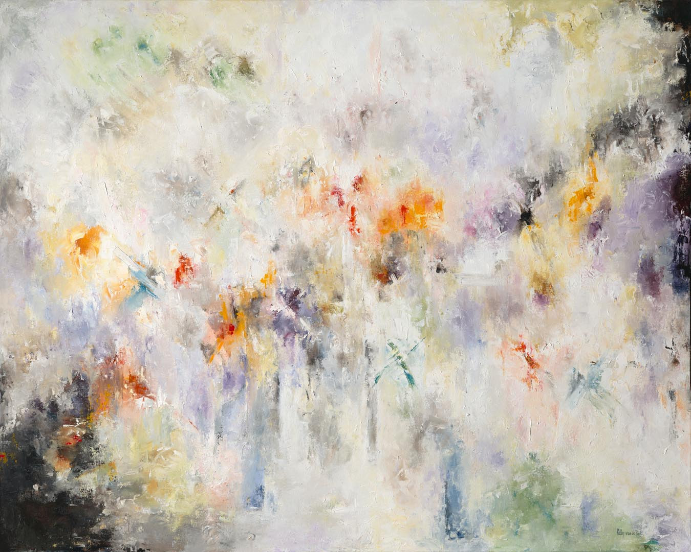 Arise: scattered bursts of amber, violet and green rising through a white field.