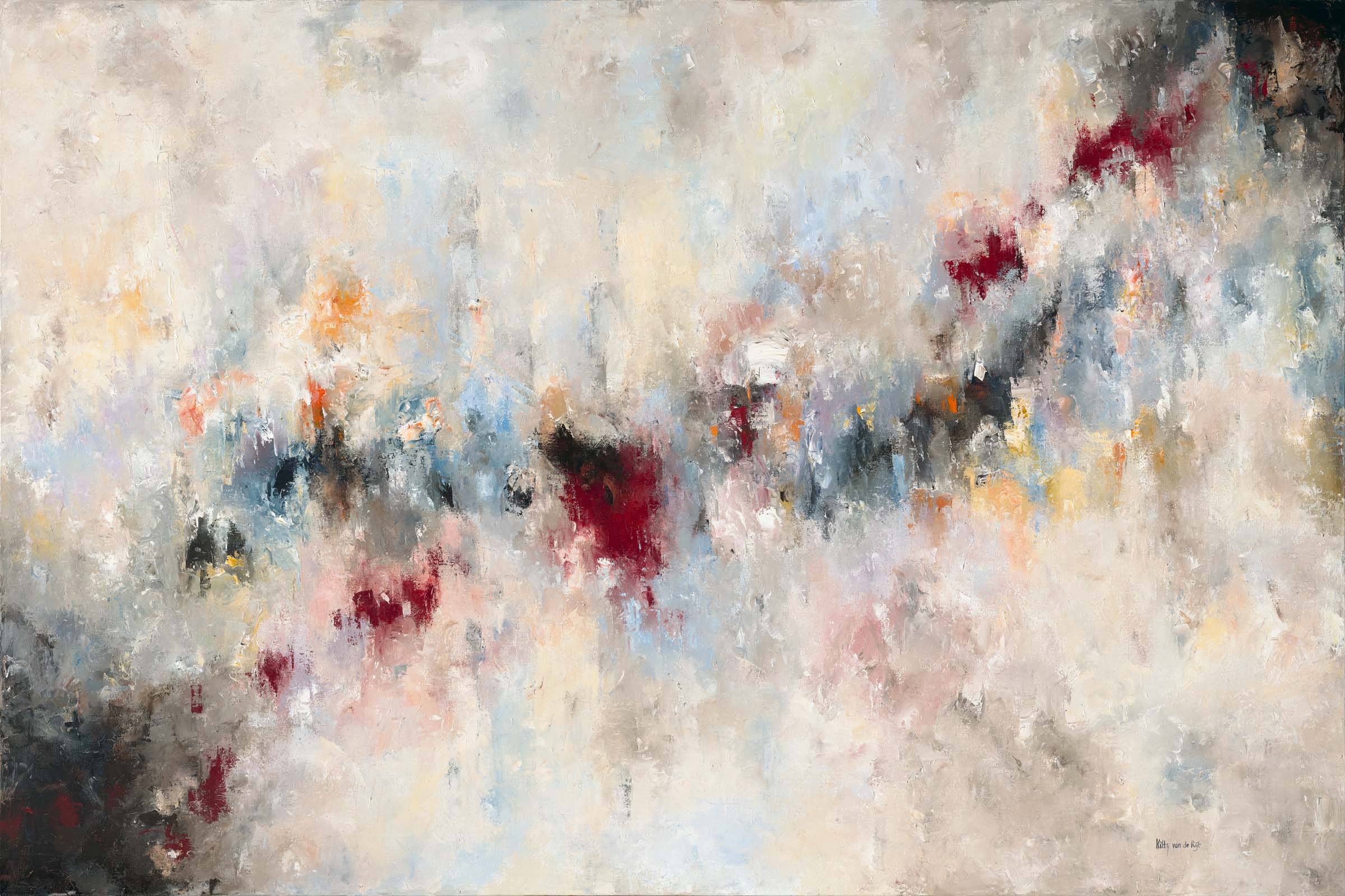 Icarus: ivory and slate across a wide canvas, with crimson gathering along a diagonal.