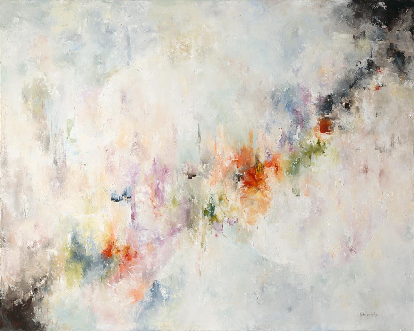 Prediction: a soft arc of light across the canvas, with coral and olive gathering at the right.